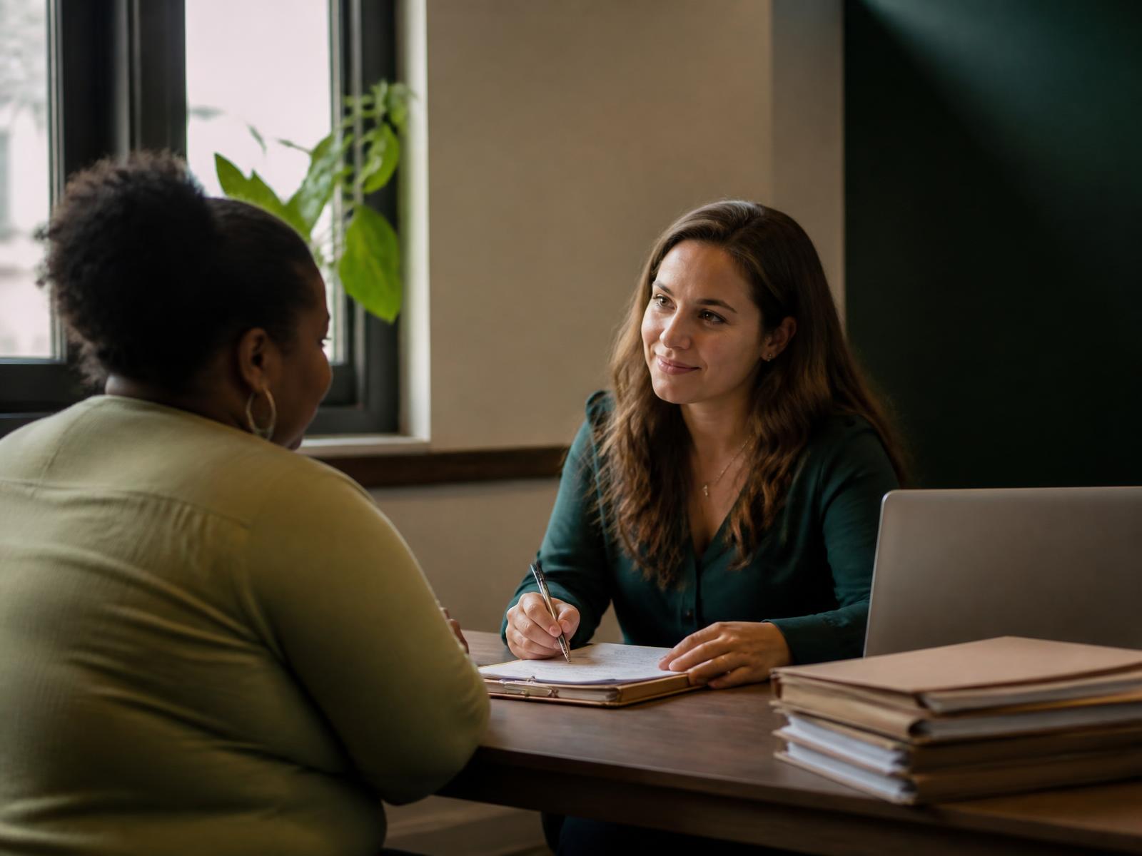 A legal aid attorney meeting with a client across a table in a small office