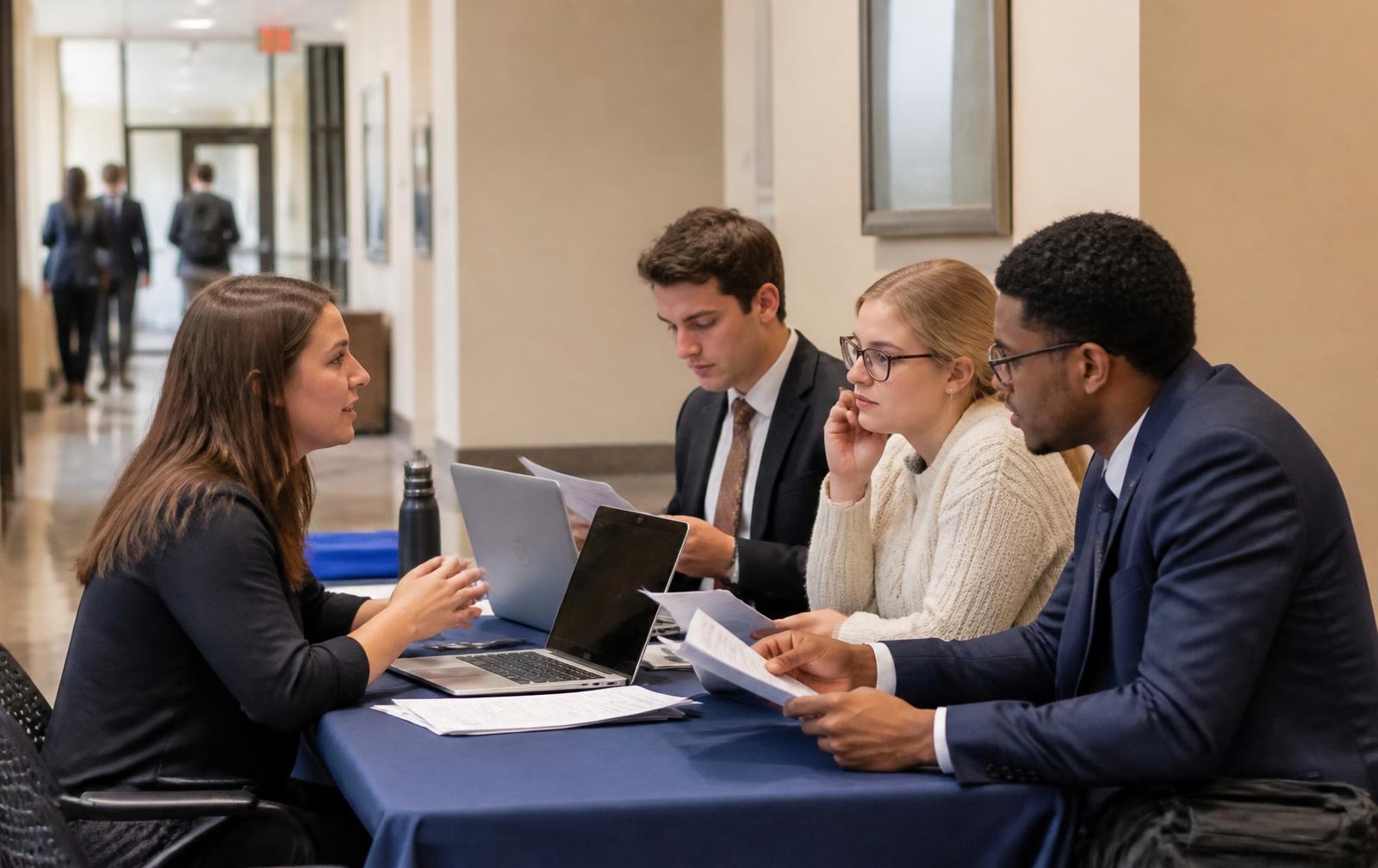 A career services advisor talking with three law students around a table